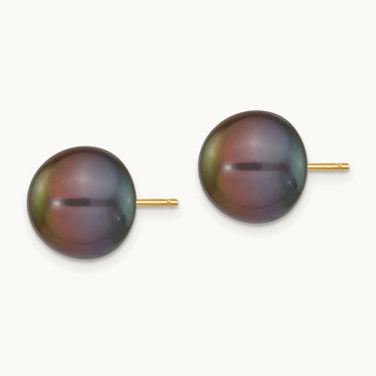 Black Button Freshwater Cultured Pearl Stud Post Earrings — 14K Yellow Gold