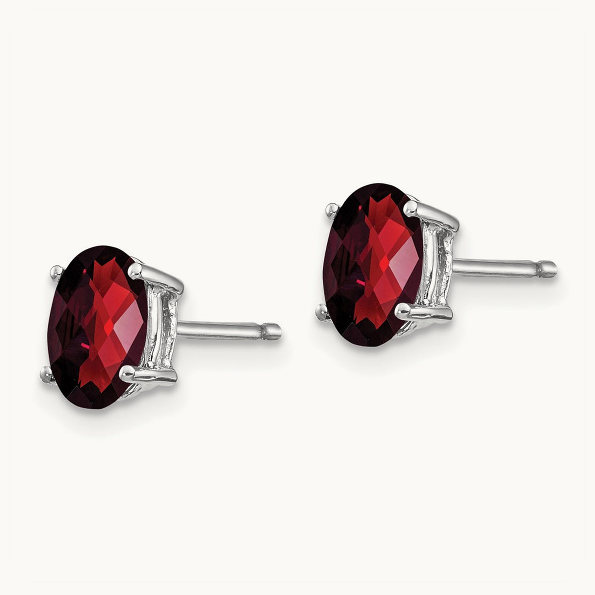 7x5mm Oval Garnet Checker Earrings, 14K White Gold