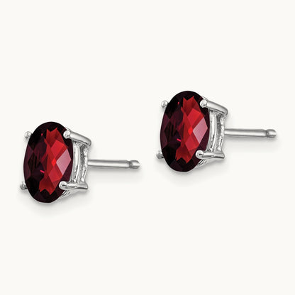 7x5mm Oval Garnet Checker Earrings, 14K White Gold