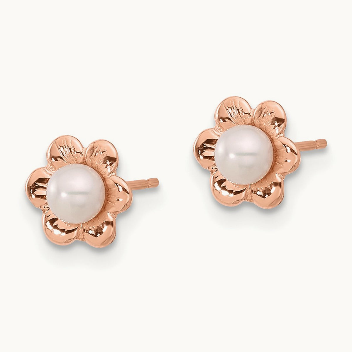 3- Button White FWC Pearl Flower Earrings, 4mm, 14K Rose Gold