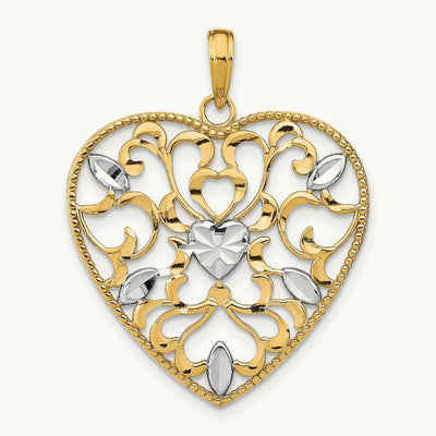 w/Rhodium Filigree Leaf Accent Heart Charm, 14K