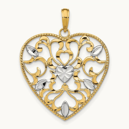 w/Rhodium Filigree Leaf Accent Heart Charm, 14K