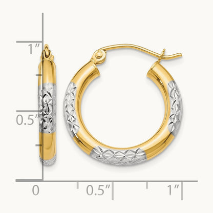 & Rhodium Diamond-cut 3x20mm Hoop Earrings, 14K