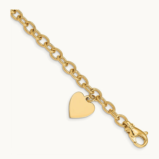 Link w/ Heart Charm Bracelet, 14K