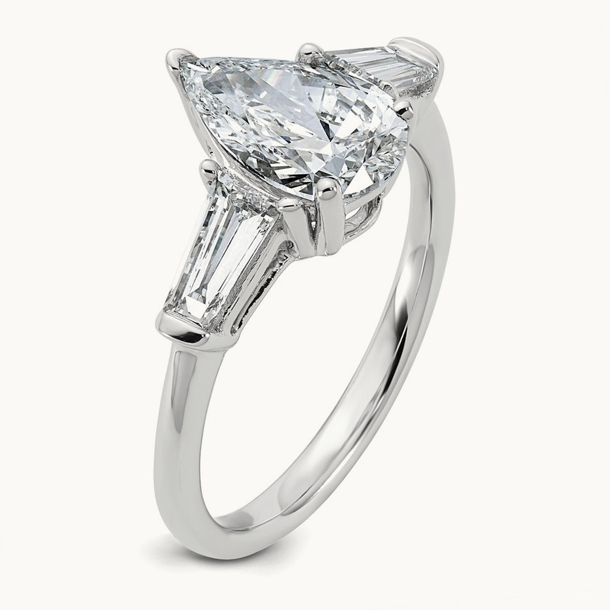 Pear/Baguette Engagement Ring — 14K White Gold, 2 ct, 7