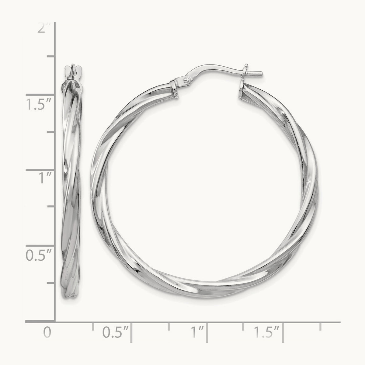 Rhodium-plated Polished Twisted Hinged Hoop Earrings — 36mm