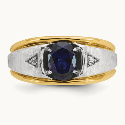 14ktt IBGoodman Men's Satin Lab Created Sapphire & AA Diamond Ring