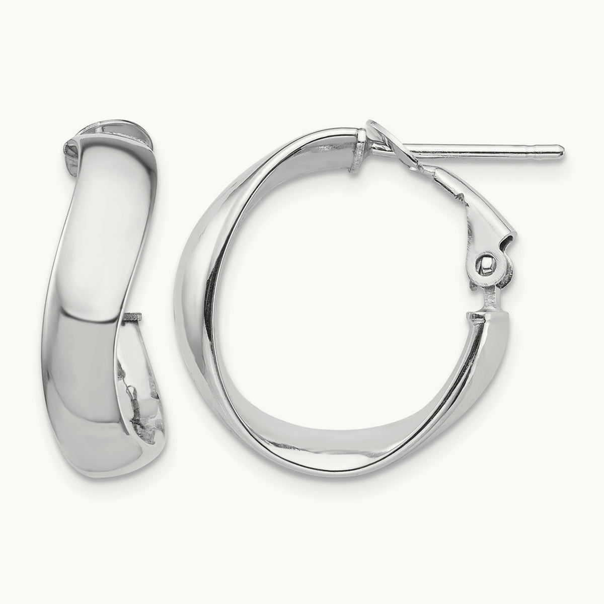High Polished Wavy Omega Back Hoop Earrings — 14K White Gold