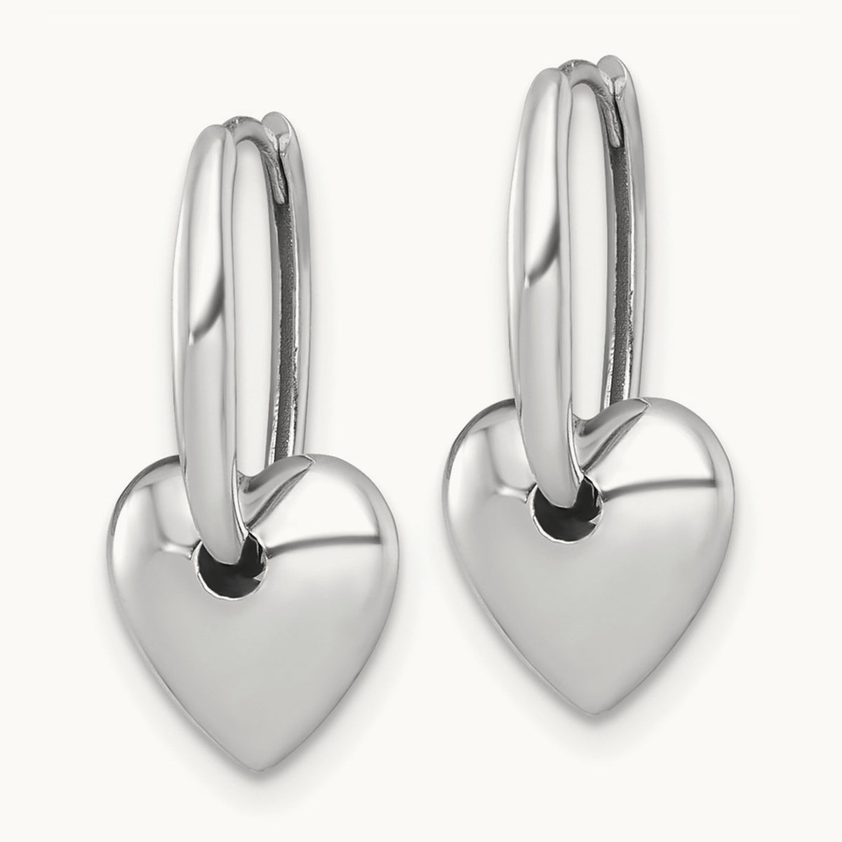 Polished Dangle Heart Hinged Hoop Earrings — 14K White Gold