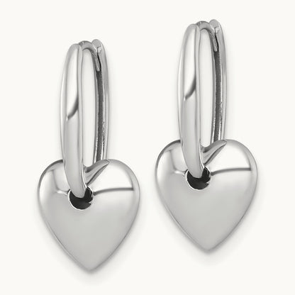 Polished Dangle Heart Hinged Hoop Earrings — 14K White Gold