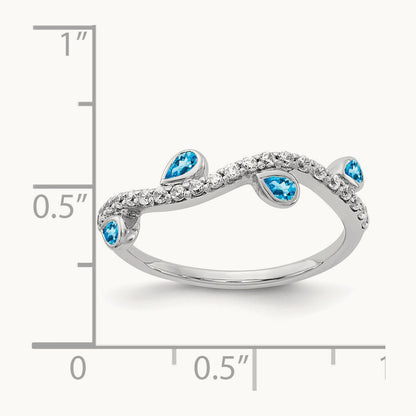 Diamond and Pear Blue Topaz Curved Ring, 14K White Gold