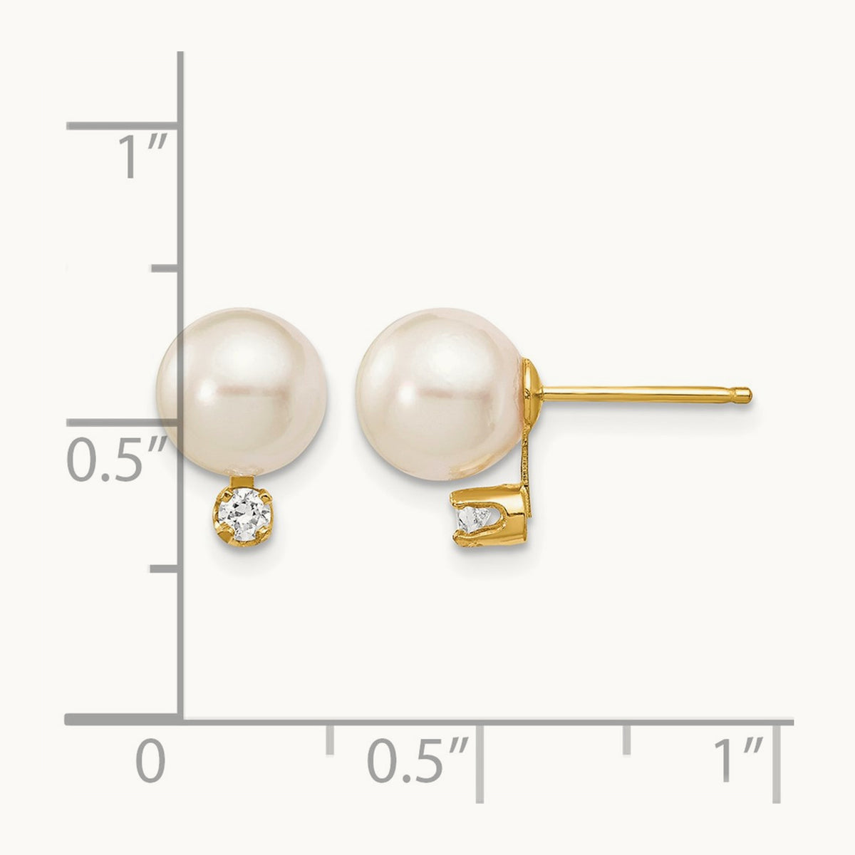 7- White Round Saltwater Akoya Cultured Pearl Diamond Post Earrings, 8mm, 14K