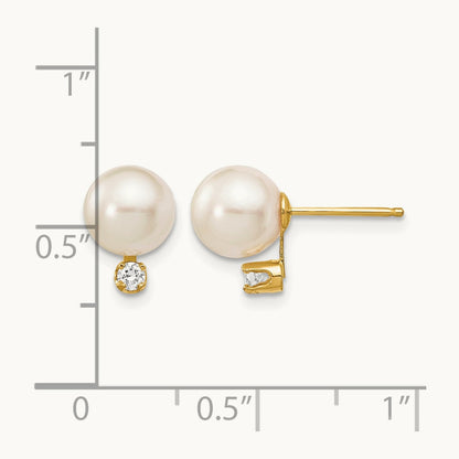 7- White Round Saltwater Akoya Cultured Pearl Diamond Post Earrings, 8mm, 14K