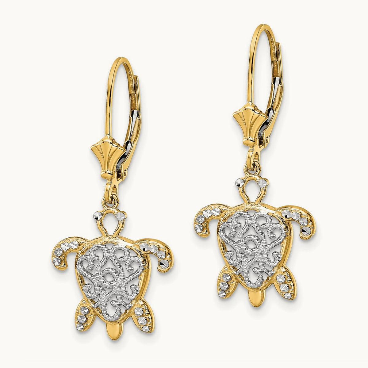 & White Rhodium D/C Filigree Turtle Leverback Earrings, 14K