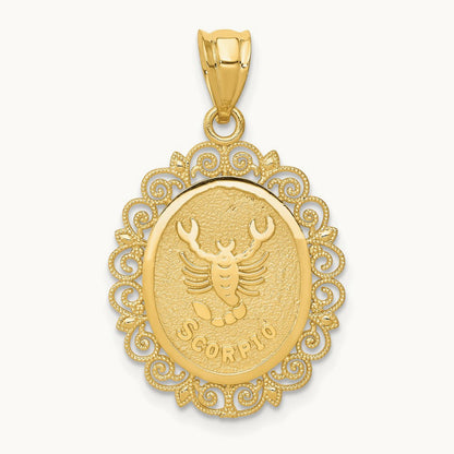 Solid Satin Polished Scorpio Zodiac Oval Pendant, 14K