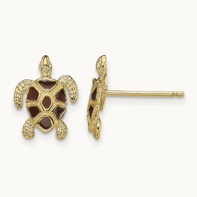 Sea Turtle W/Brown Enamel Shell / Textured Post Earrings, 14K