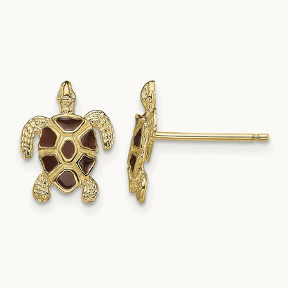 Sea Turtle W/Brown Enamel Shell / Textured Post Earrings, 14K