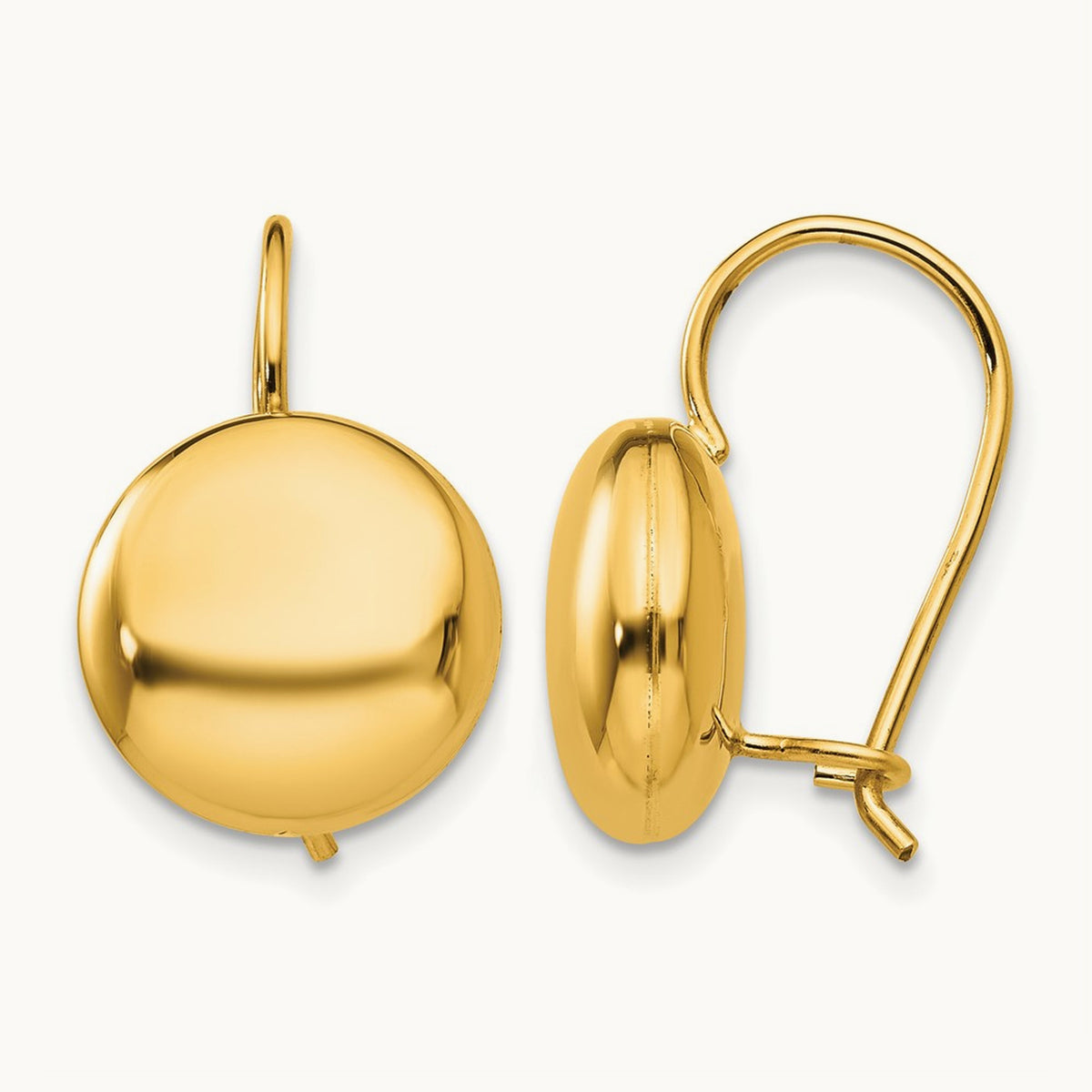 Polished Button Kidney Wire Earrings — 14K Yellow Gold, 12mm
