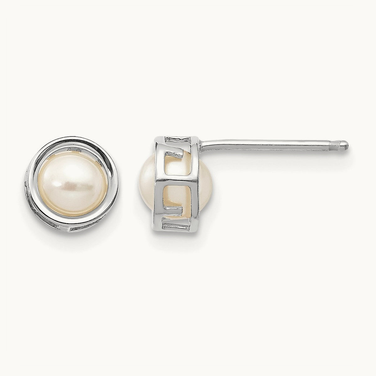 Bezel Freshwater Cultured Pearl Stud Earrings — 14K White Gold, 5mm