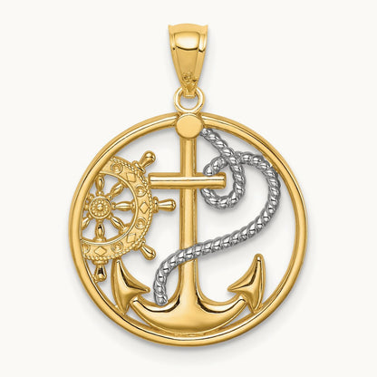 W/ Rhodium Cross Anchor Captain Wheel Pendant, 14K