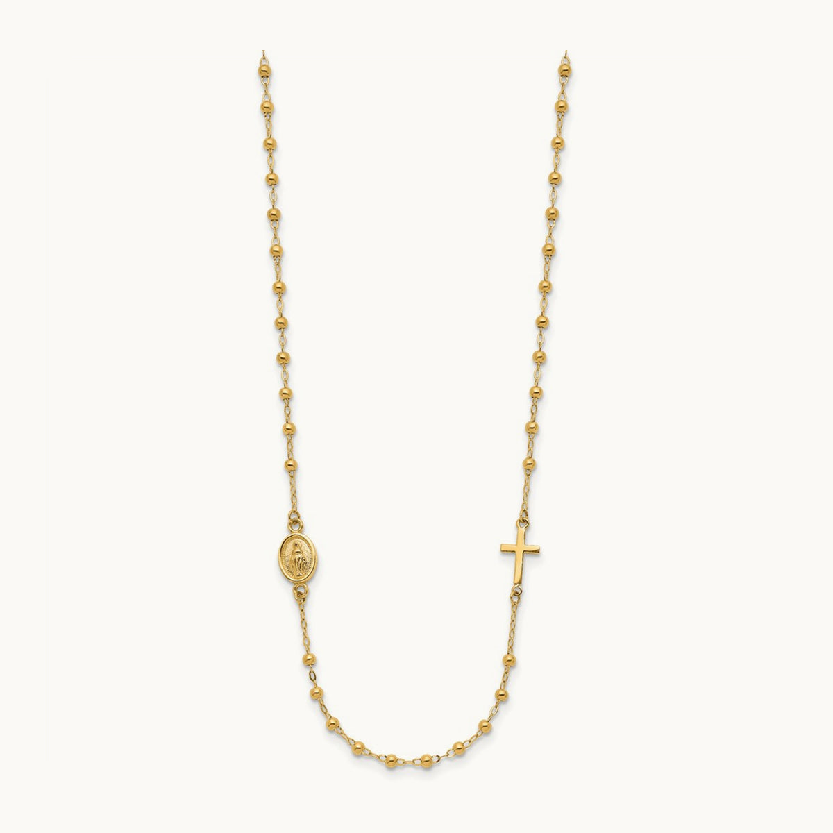 Polished Miraculous Medal and Cross Rosary Design Necklace, 14K