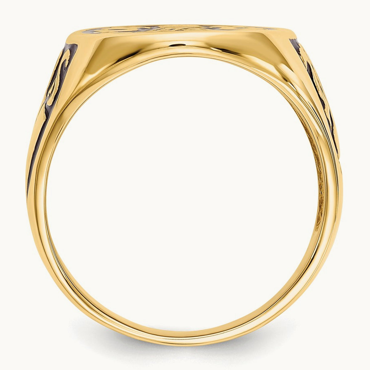 Men's Polished and Grooved with Black Enamel Masonic Ring, 14K