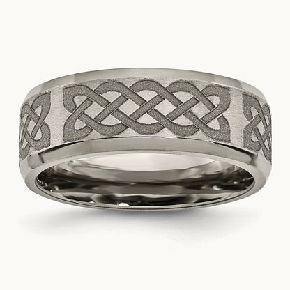 Brushed & Polished Celtic Laser Design Beveled Edge Band — photo set