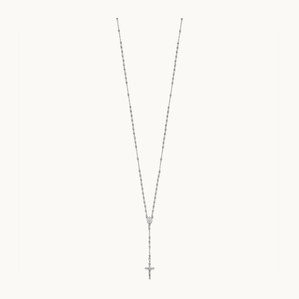 Polished Faceted Beads Rosary Necklace — 14K White Gold