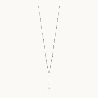 Polished Faceted Beads Rosary Necklace — 14K White Gold