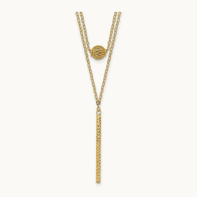 Double Layer Hollow Bead D/C Bar 2 in Necklace, 14K