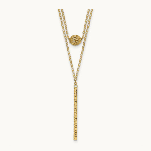 Double Layer Hollow Bead D/C Bar 2 in Necklace, 14K