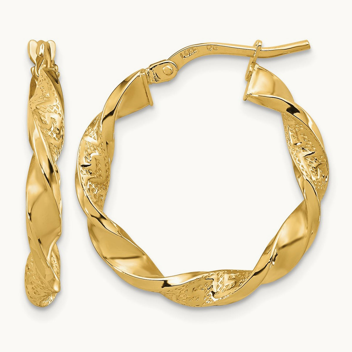 Polished and Textured Twisted Hollow Hoop Earrings, 3mm, 14K