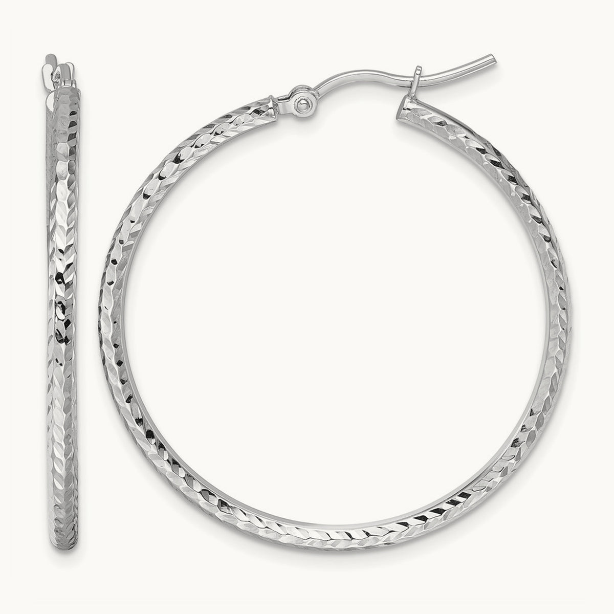Diamond-cut Round Tube Hoop Earrings — 10K White Gold