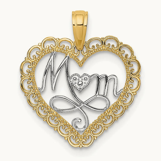 w/Rhodium Cut-Out MOM In Scallop Heart Charm, 14K