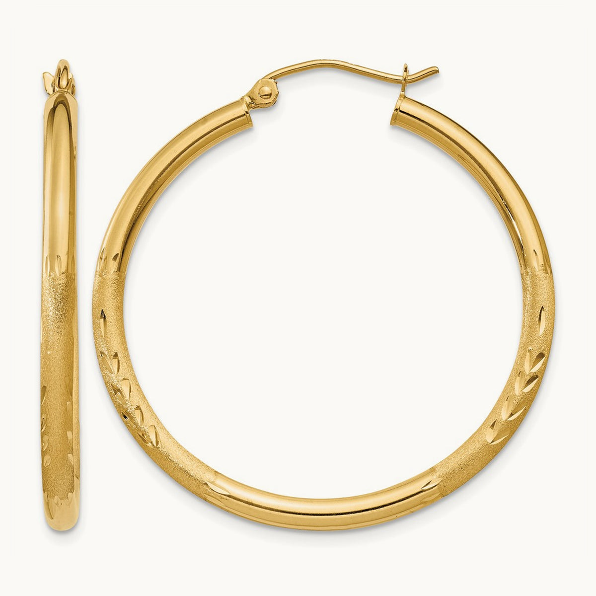 Satin & Diamond-cut Round Hoop Earrings, 2.5mm, 14K