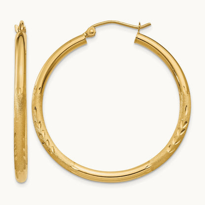 Satin & Diamond-cut Round Hoop Earrings, 2.5mm, 14K