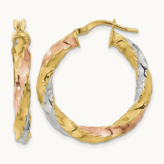 & White Rhodium Polished Twisted Hoop Earrings, 14K with Rose