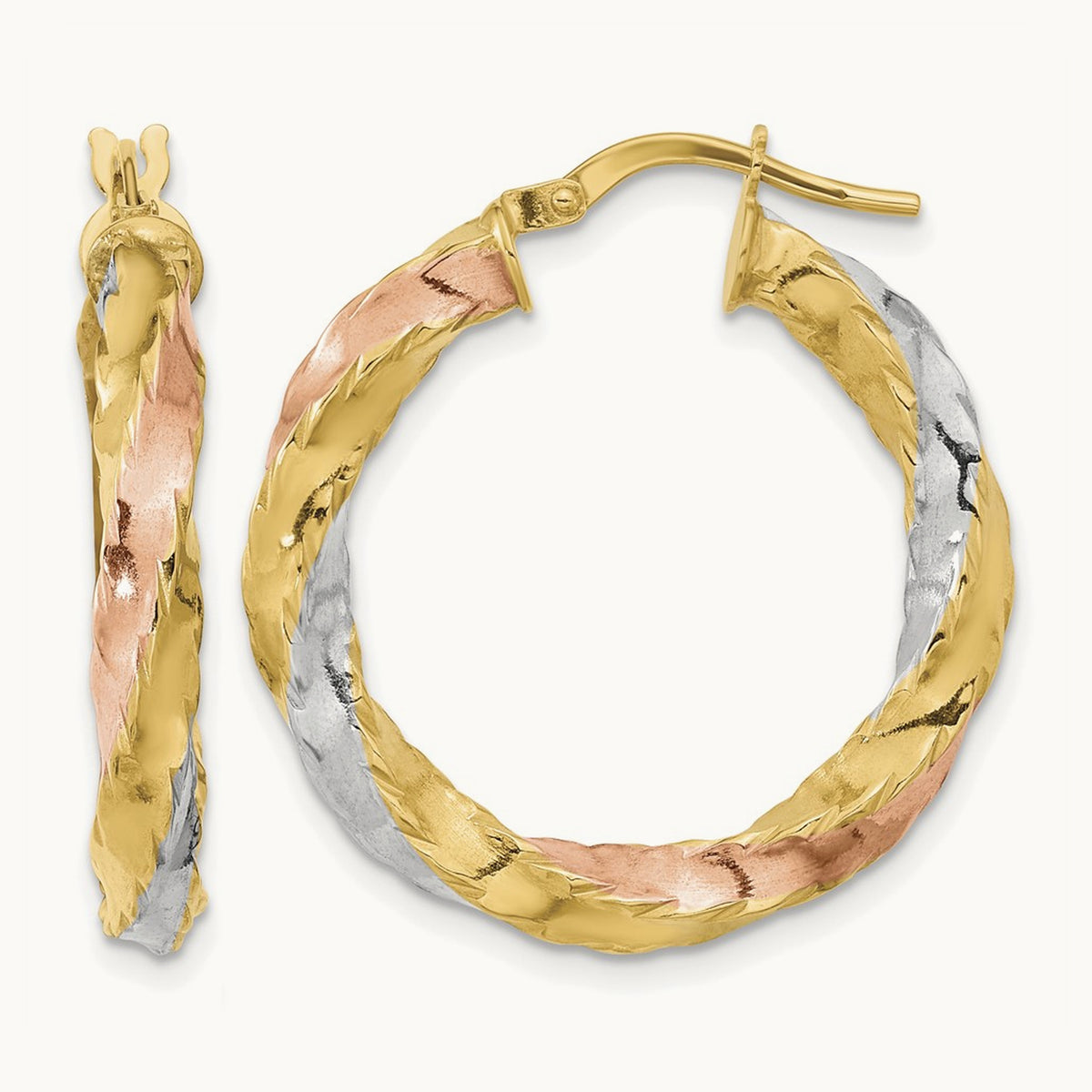 & White Rhodium Polished Twisted Hoop Earrings, 14K with Rose