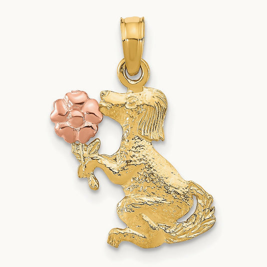 Dog Holding Flower Charm, 14K Two-tone