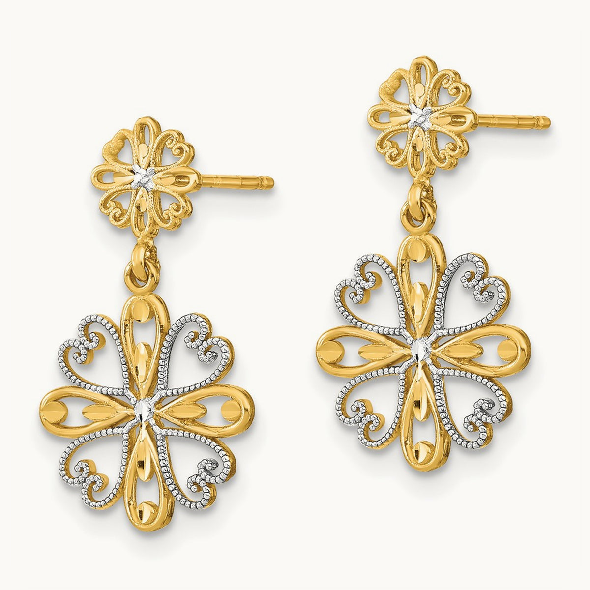 w/Rhodium Beaded Heart Petal Floral Dangle Earrings, 14K