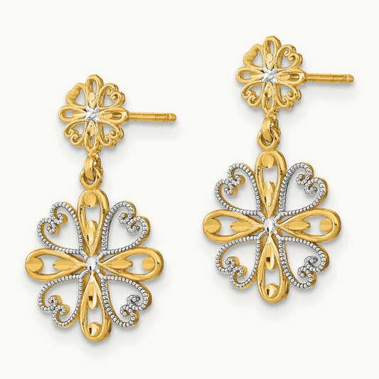 w/Rhodium Beaded Heart Petal Floral Dangle Earrings, 14K