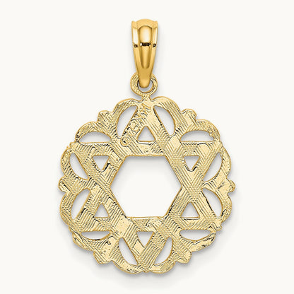 Star Of David In Scalloped Circle Charm, 14K