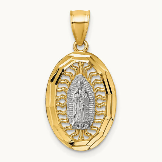 w/Rhodium Polished and Diamond-cut Guadalupe Pendant, 14K