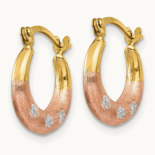 & White and Rose Rhodium Flower Hoop Earrings, 14K