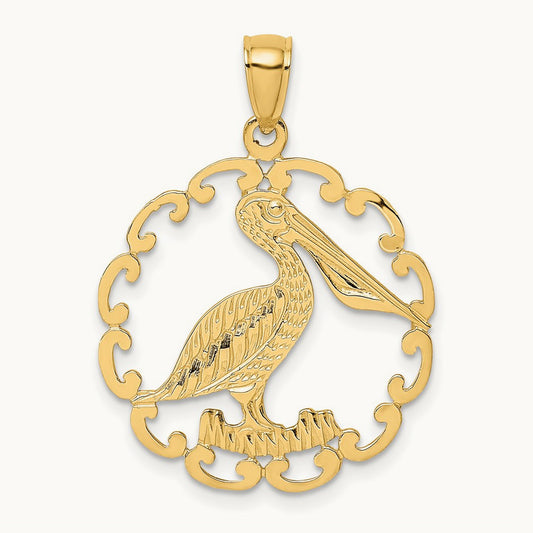 Pelican In Circle Charm, 14K