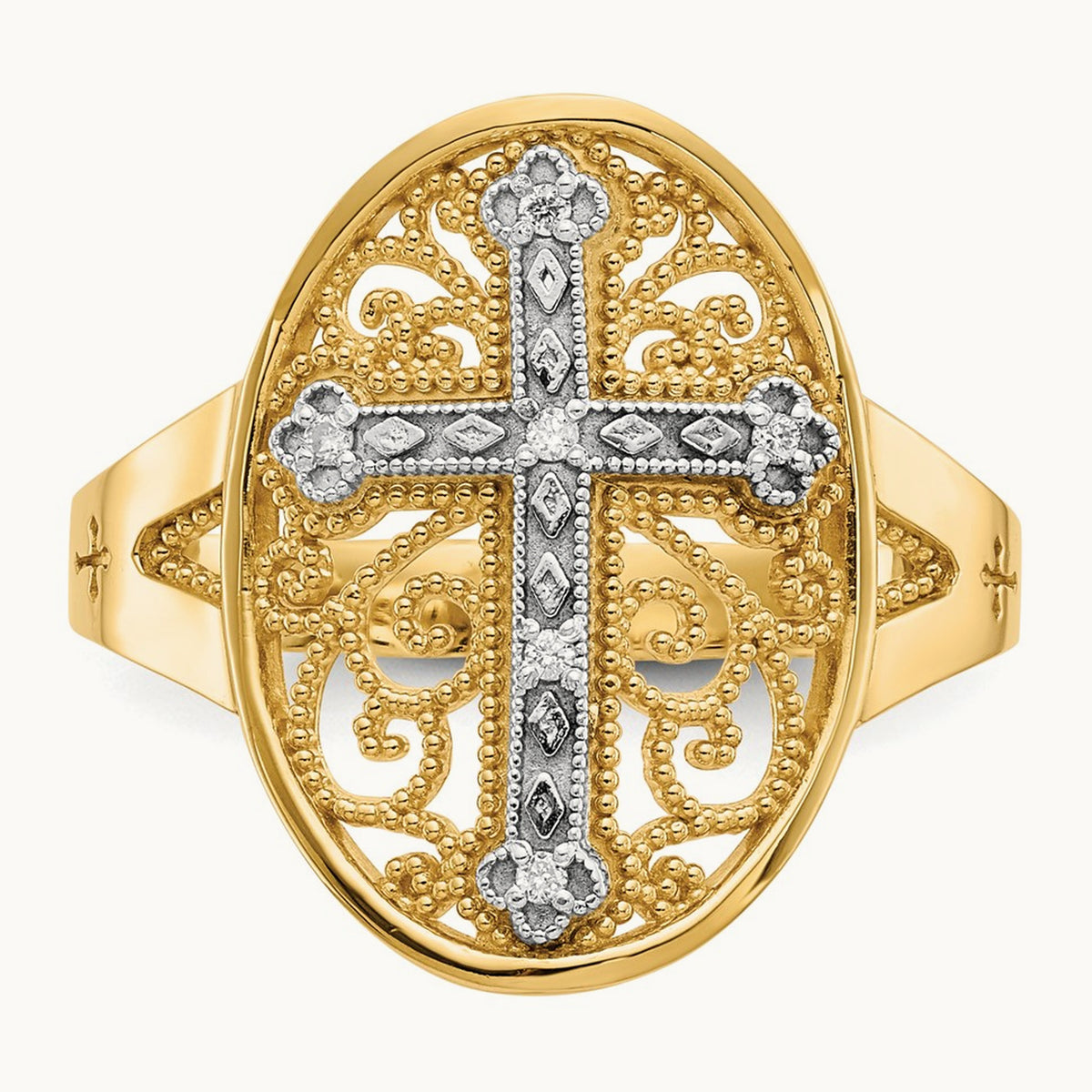 & White Gold Diamond Filigree Cross Ring, 14K Yellow