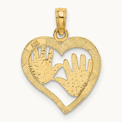 Cut-Out Double Hand Prints In Heart Charm, 14K