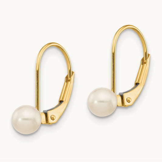 4- White Round Freshwater Cultured Pearl Leverback Earrings, 5mm, 14K