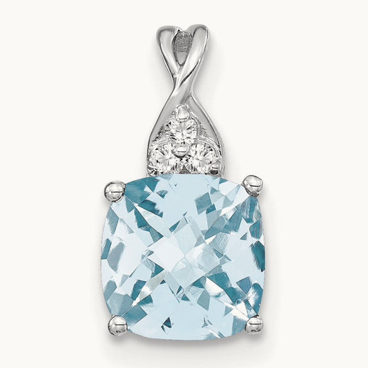 Checkerboard Aquamarine and Diamond Pendant — 14K White Gold