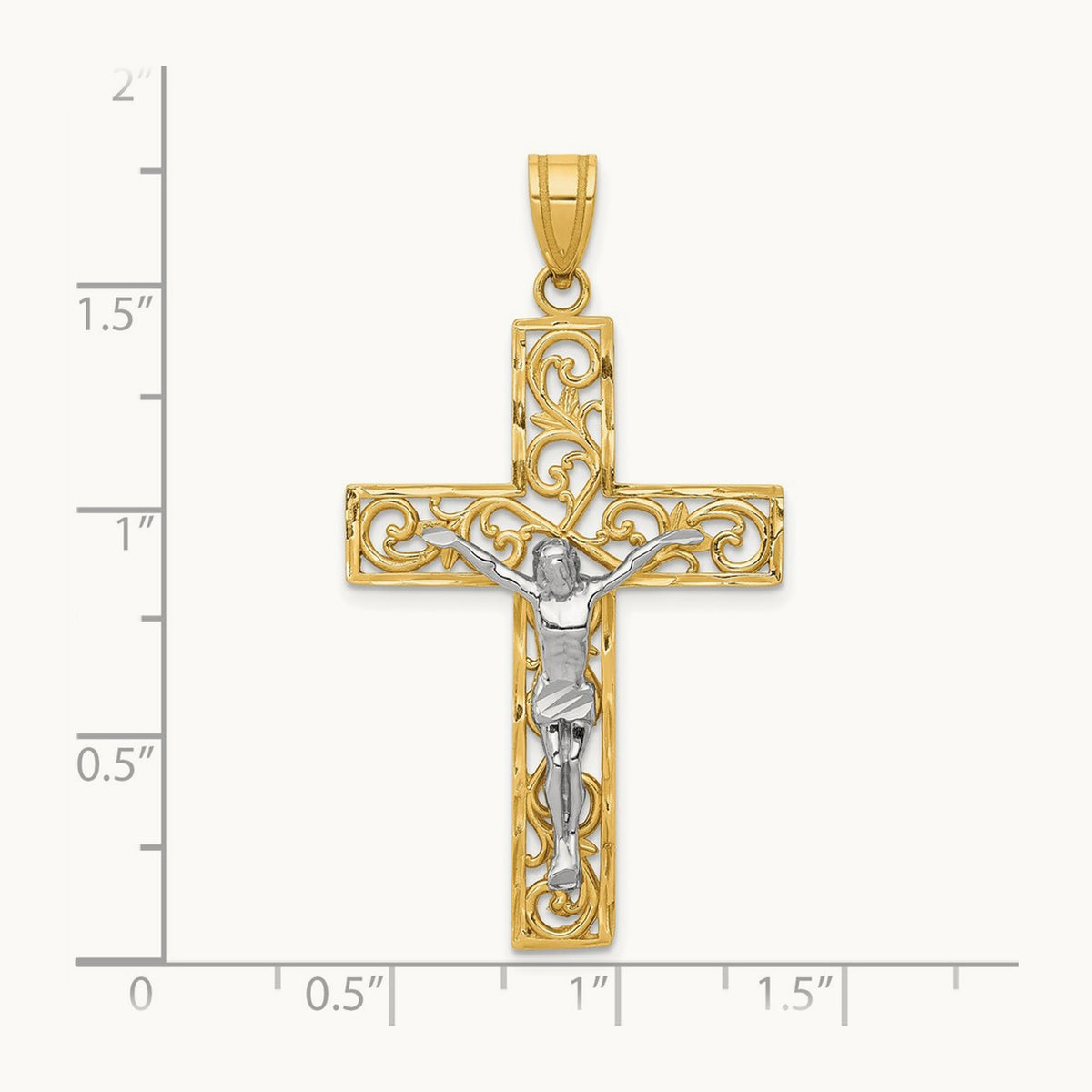 D/C Large Block Filigree Crucifix Pendant, 14K Two-tone